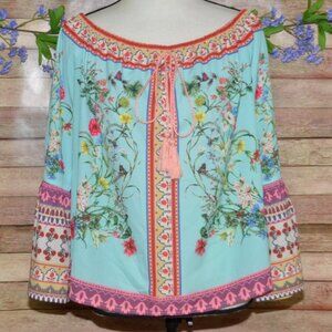 Umgee Boho Bold Floral Mixed Print Bell Sleeve Tassel Blouse Top Size M Cottage